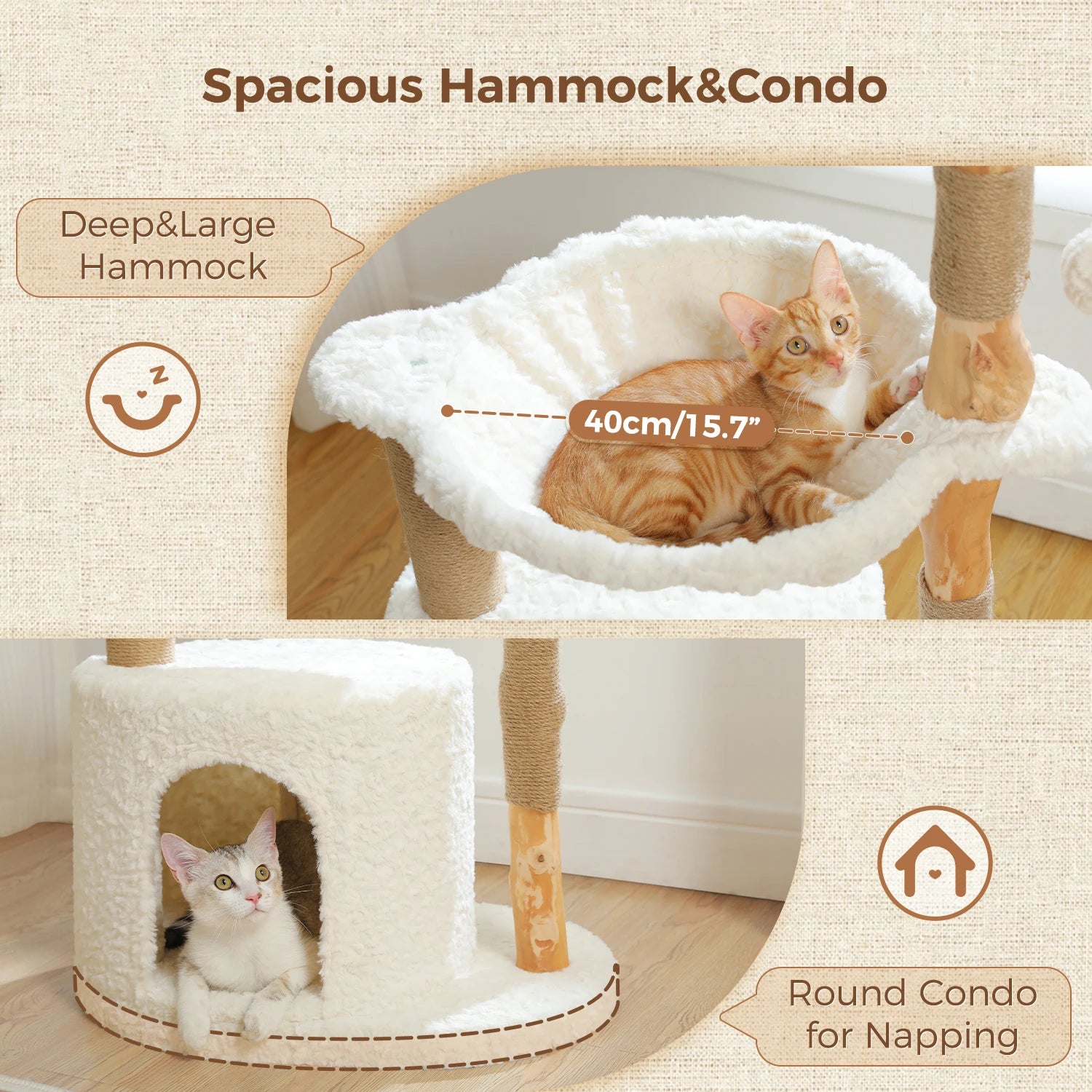 Modern Natural Wood Cat Tree with Wicker Basket & Deep Hammock – Luxury Indoor Cat Tower with Spacious Condo