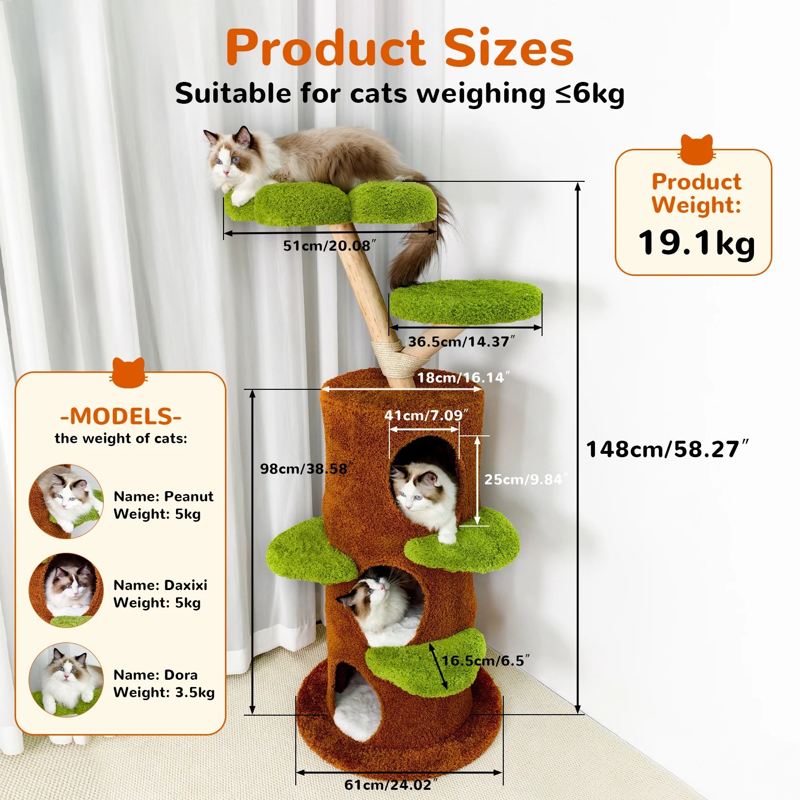 BINGOPAW 58” Tall Cat Activity Tree (Flower Platforms + Plush Condo + Sisal Scratcher)