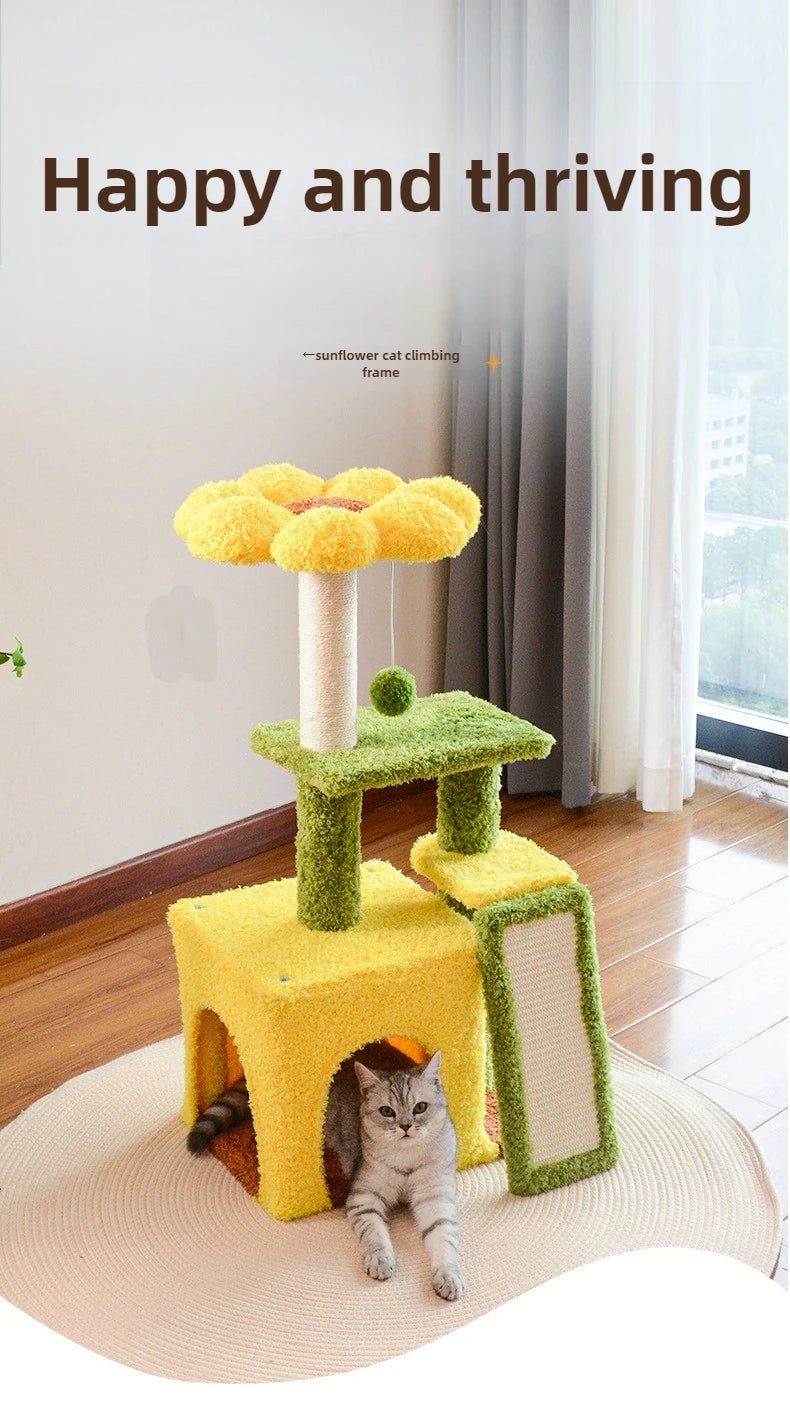 Sunflower Cat Tree Tower – Plush Velvet Cat Condo, Cozy Nest, Scratch Post & Flower Perch