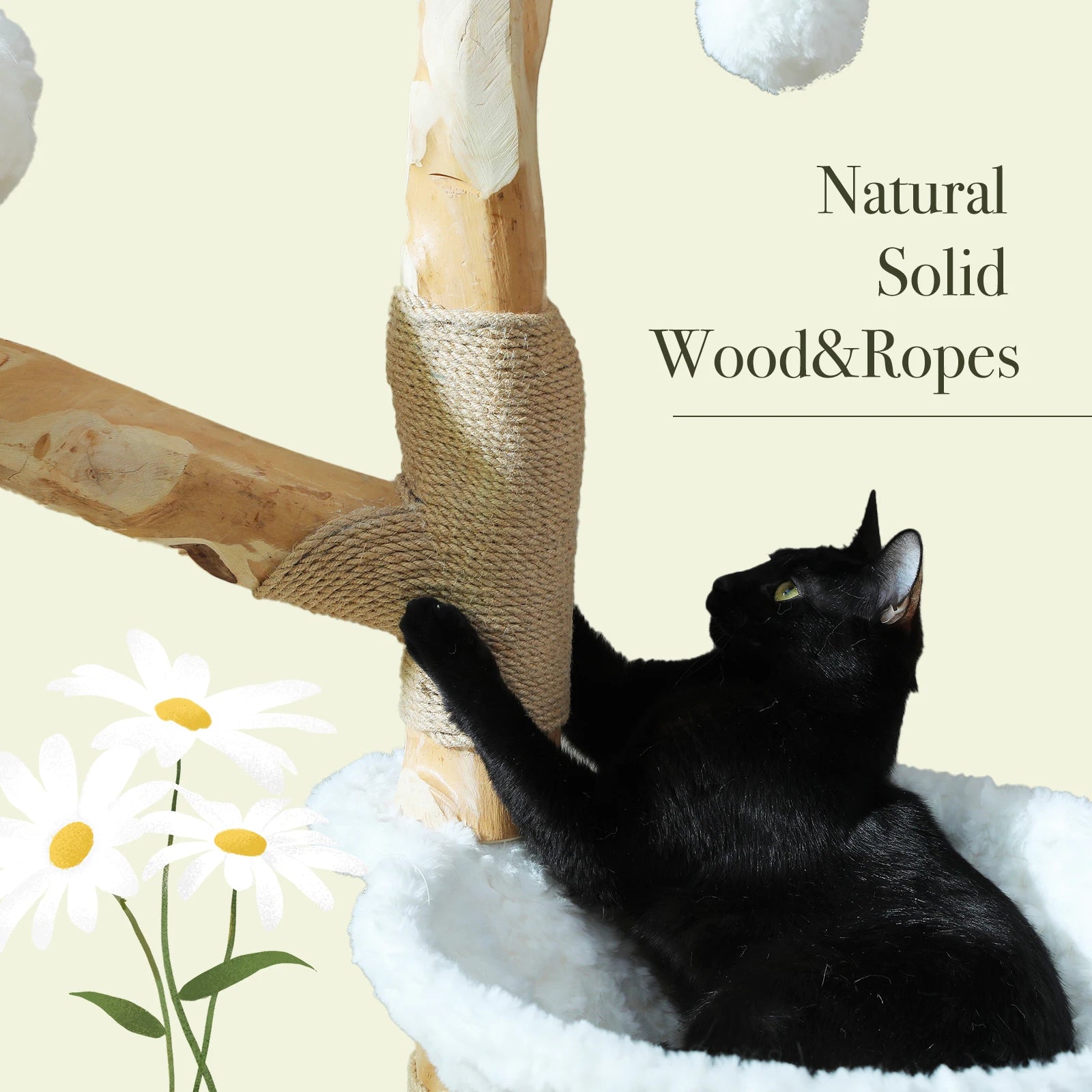 Luxury Multi-Level Flower Cat Tree Tower with Wicker Basket Bed & Solid Wood Scratching Posts