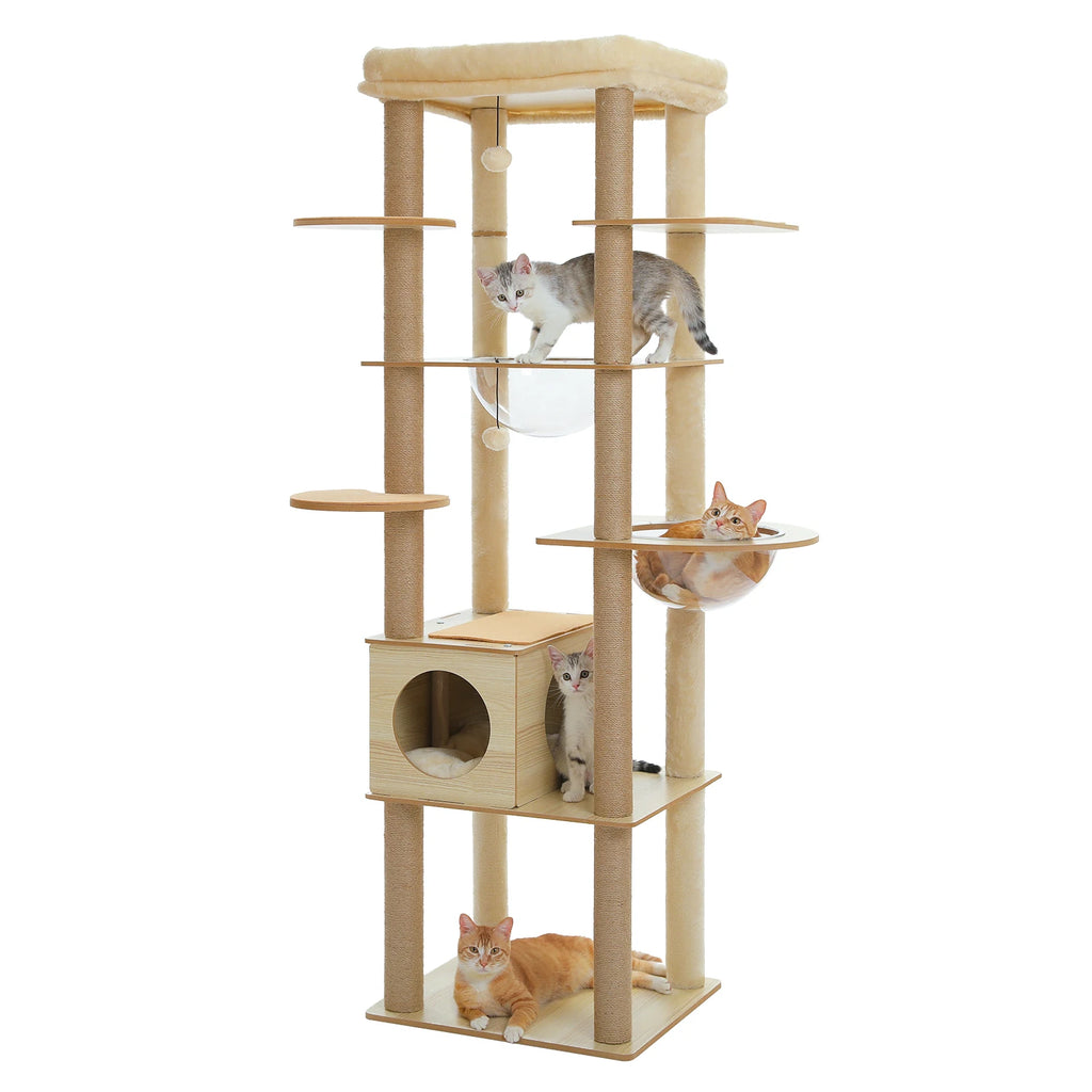 Multi-Level Wooden Cat Tree Tower with Condo, Hammock & Scratching Posts