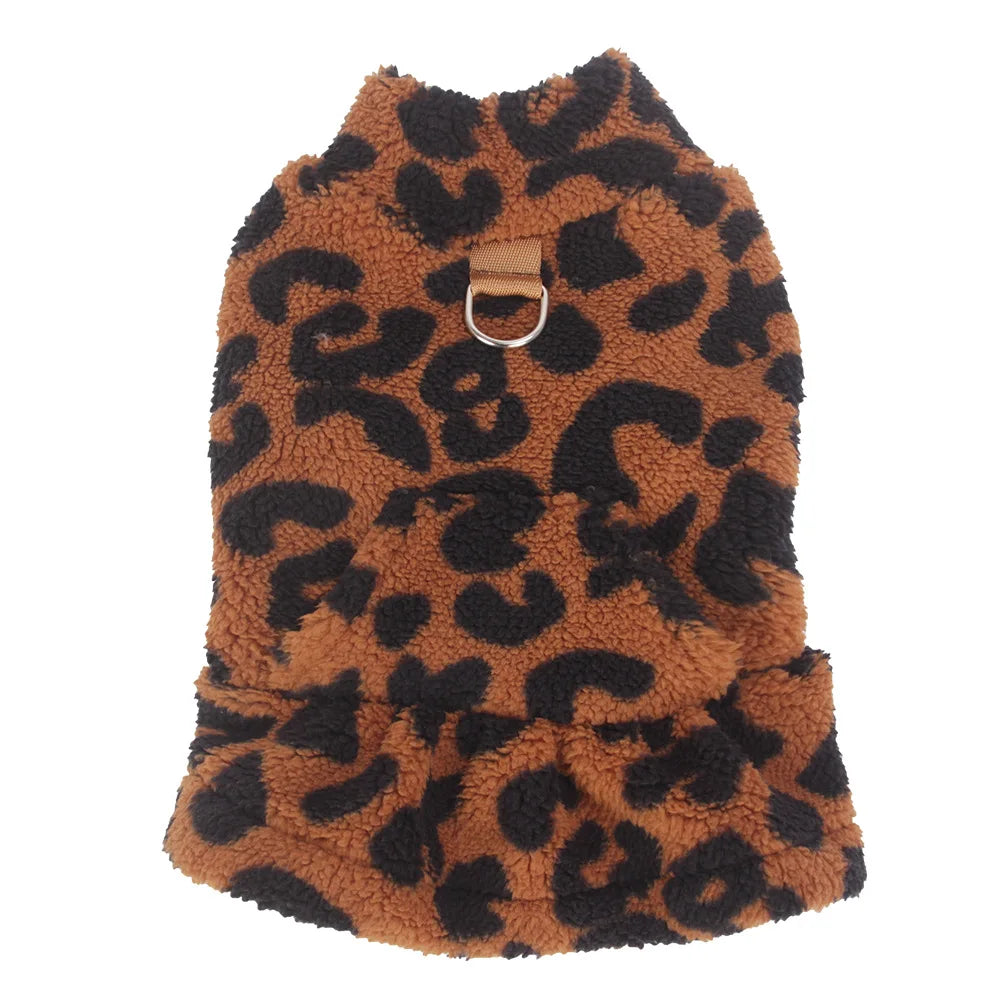 Leopard Winter Fleece Dog Dress Pullover (XS–XL)