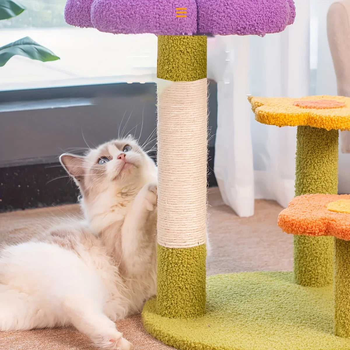 Flower Cat Scratching Post & Climbing Playstand – 3-Level Sisal Rope Scratcher with Plush Base (Indoor Cats)