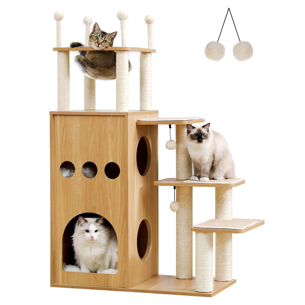 Modern Wood Cat Castle Tree (5+ Levels, Large Condos + Clear Bowl Perch)