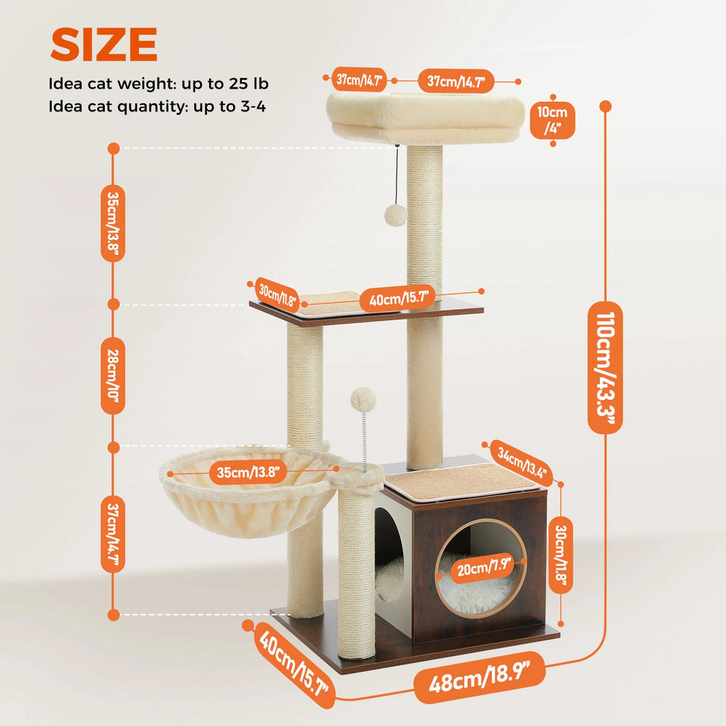 Modern Wooden Cat Tree with Condo, Hammock & Scratching Posts for Indoor Cats