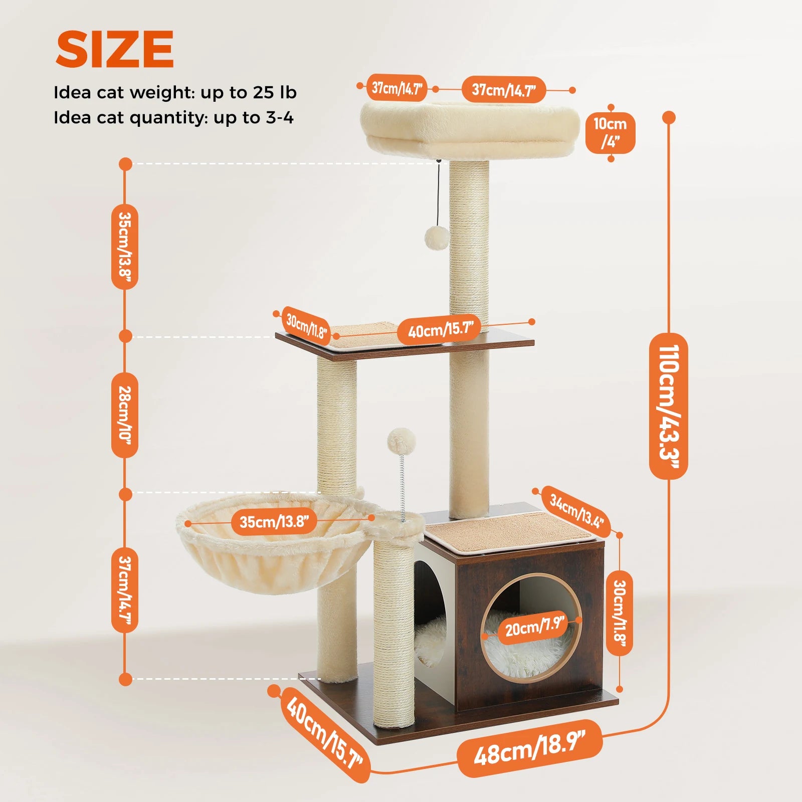Modern Wooden Cat Tree with Condo, Hammock & Scratching Posts for Indoor Cats