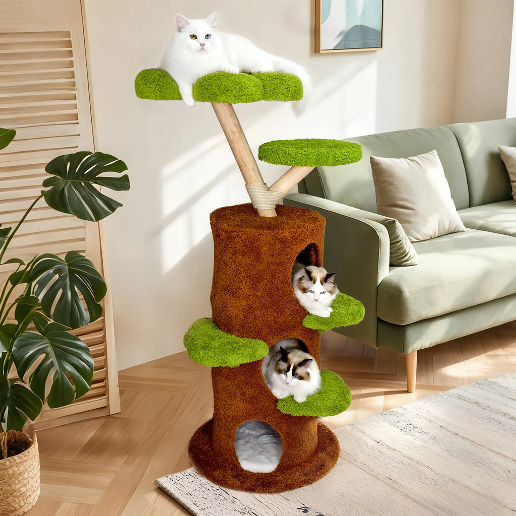 BINGOPAW 58” Tall Cat Activity Tree (Flower Platforms + Plush Condo + Sisal Scratcher)