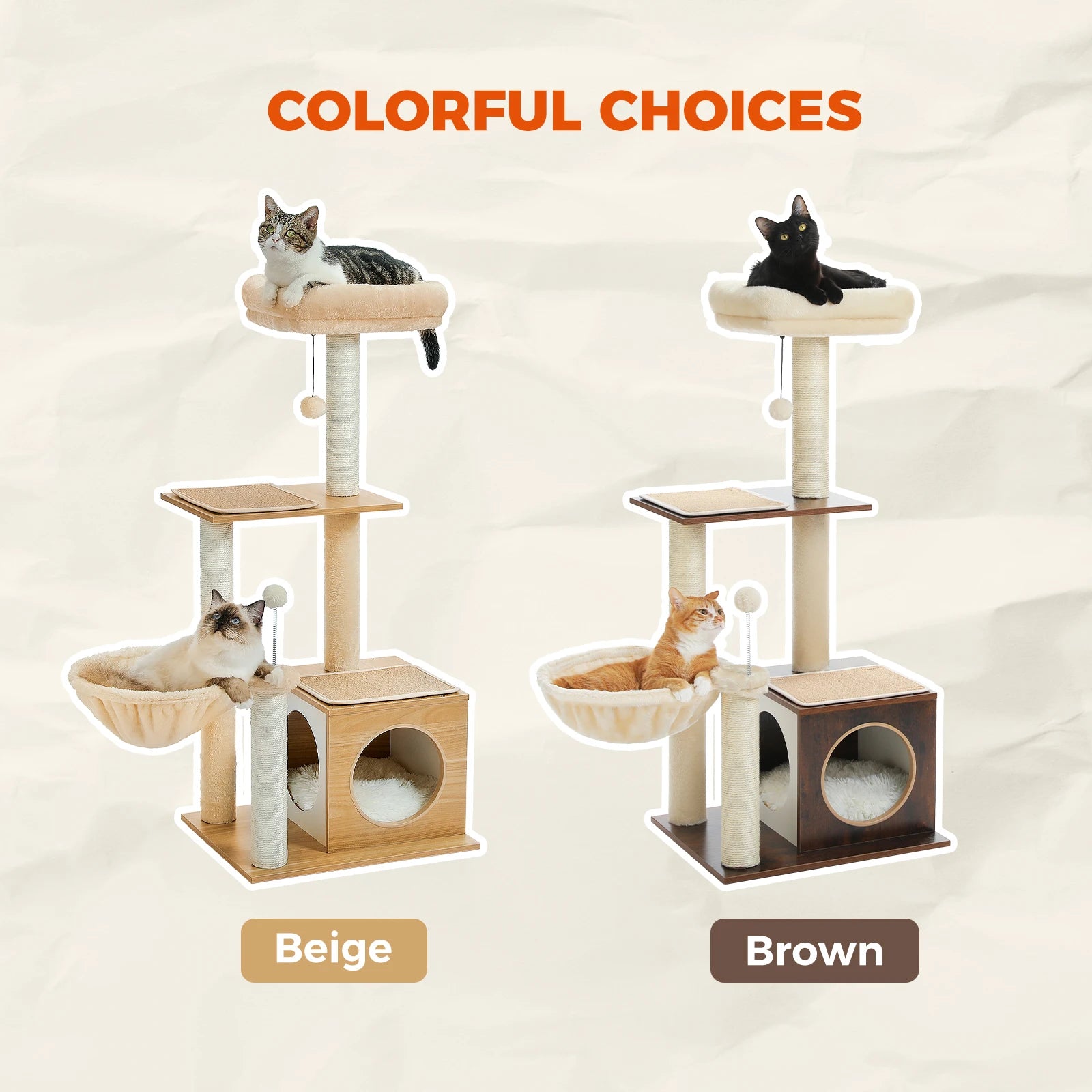 Modern Wooden Cat Tree with Condo, Hammock & Scratching Posts for Indoor Cats