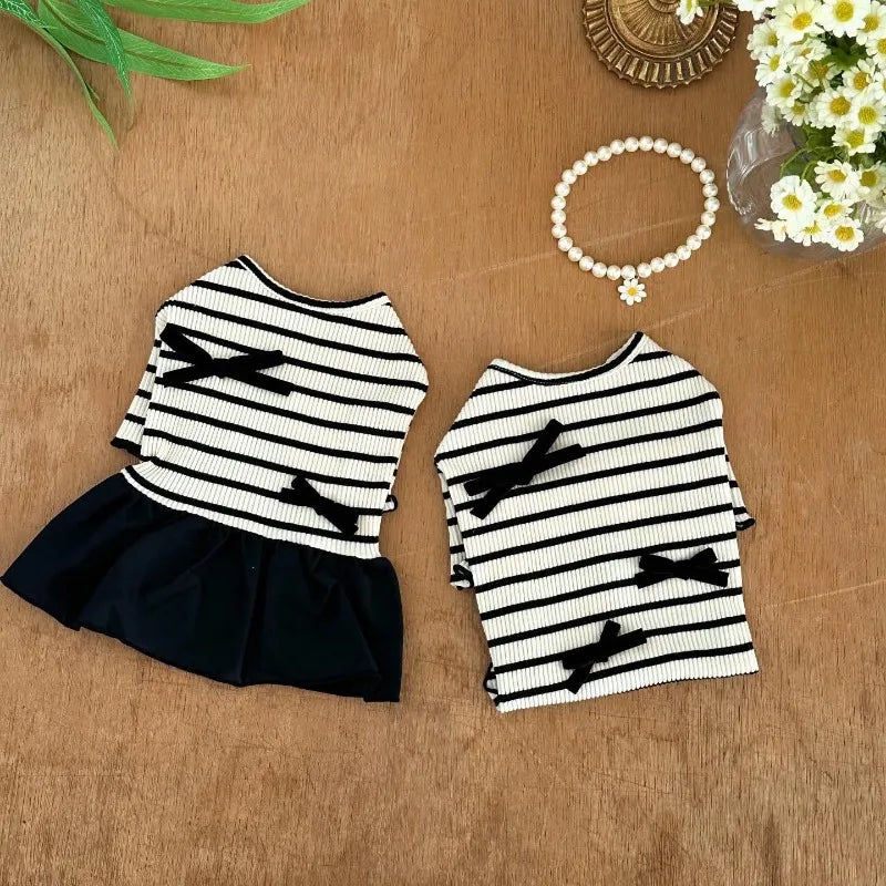 Stripe Bow Princess Pet Dress (Black & White Summer Outfit for Small Dogs) 🎀🖤🤍