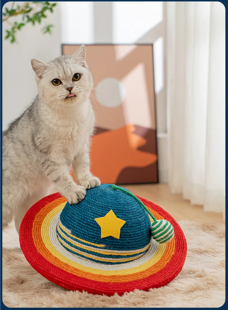 Starry Sky Planet Cat Scratcher – Natural Sisal Scratch Post with Play Ball, Indoor Cat Scratch Pad