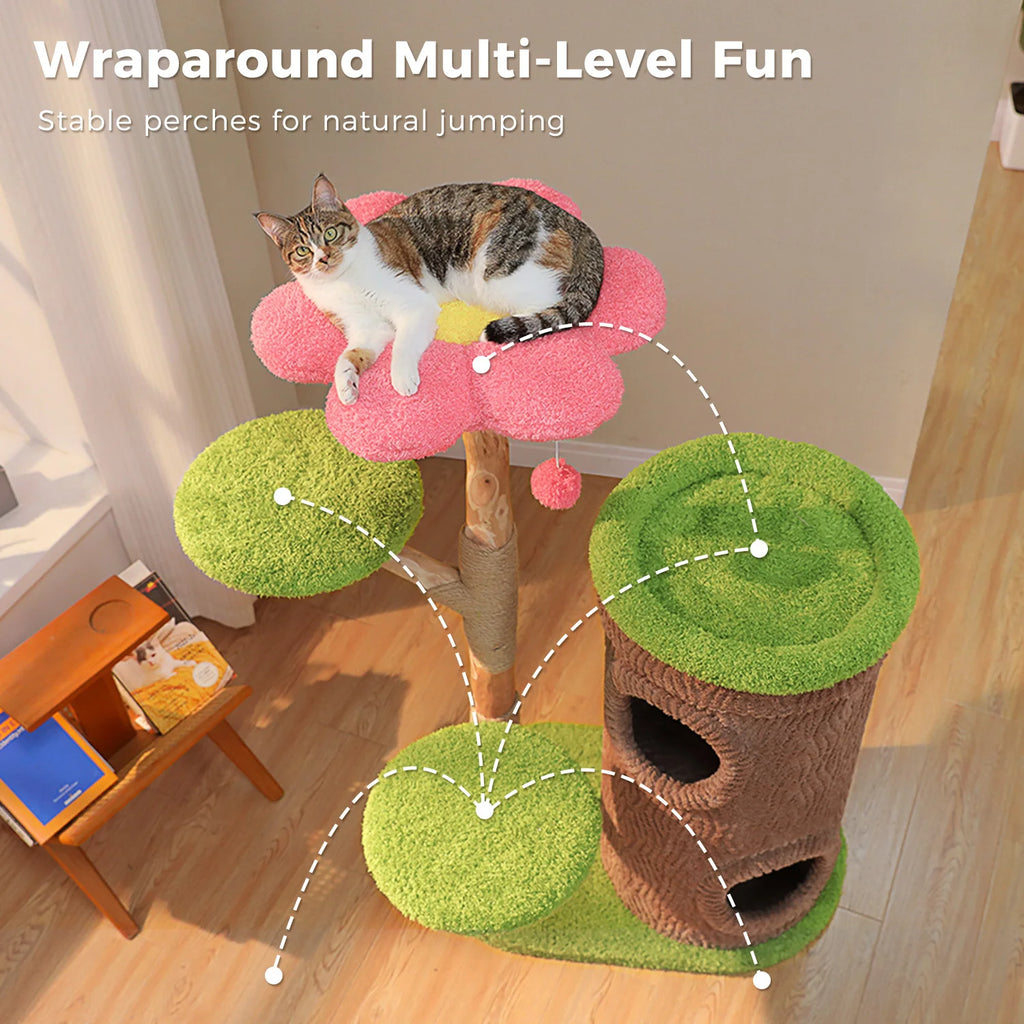 Forest Cat Tree Tower (4 Condos + Flower Top Bed + Thick Scratcher)