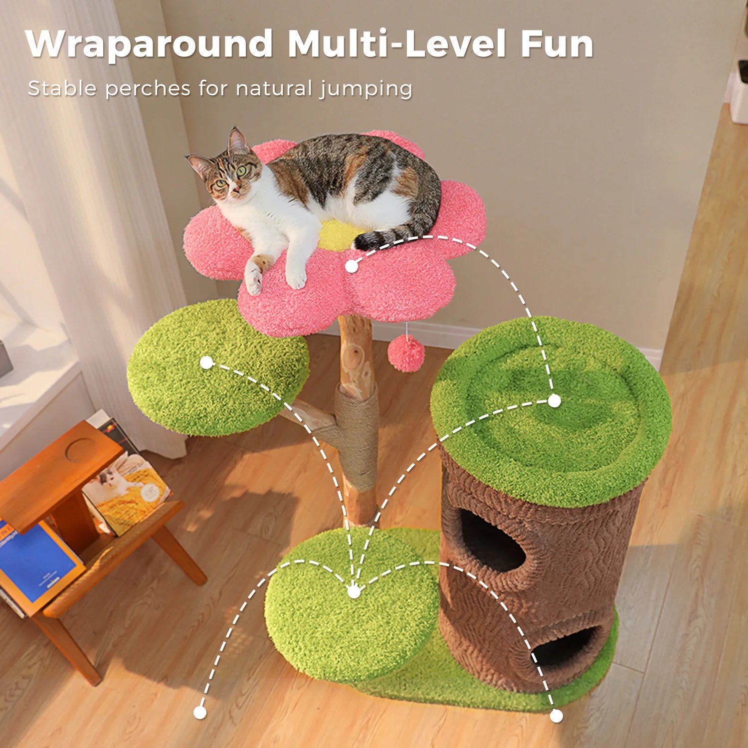Forest Cat Tree Tower (4 Condos + Flower Top Bed + Thick Scratcher)