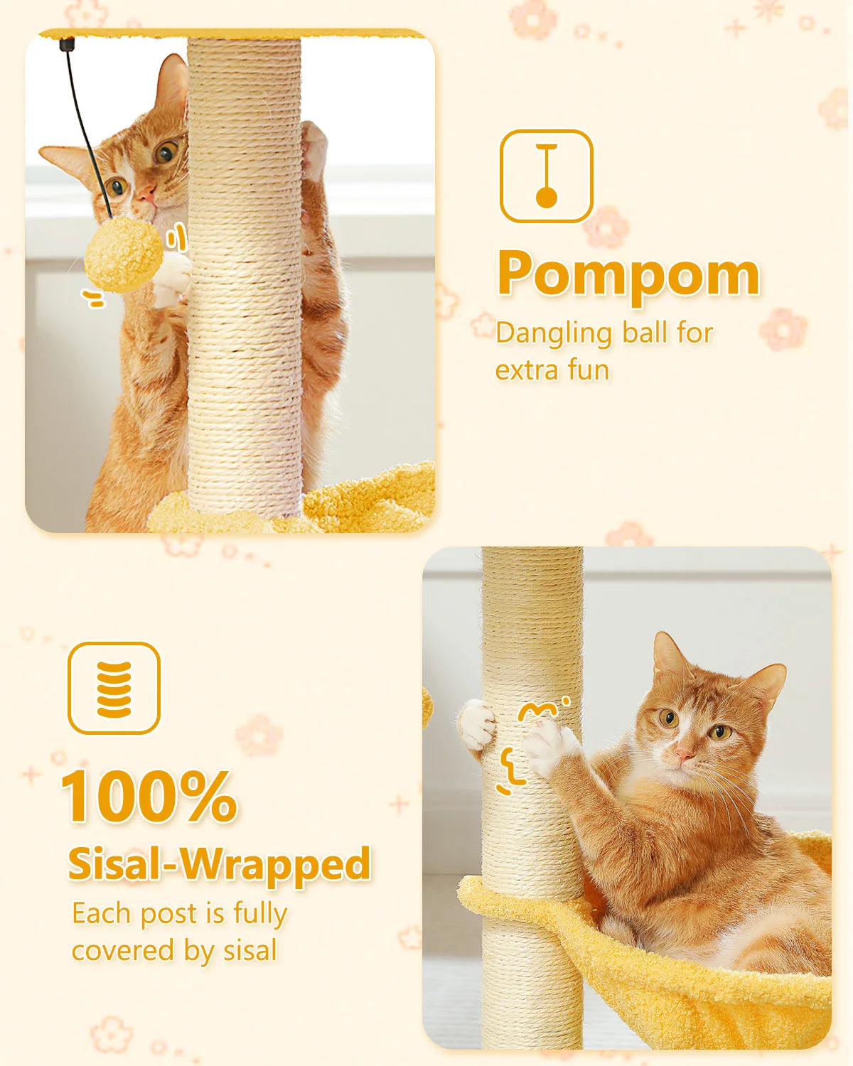 Flower Cat Tree with Sisal Scratching Posts & Large Hammock – Compact Indoor Cat Tower with Soft Top Perch for Kittens
