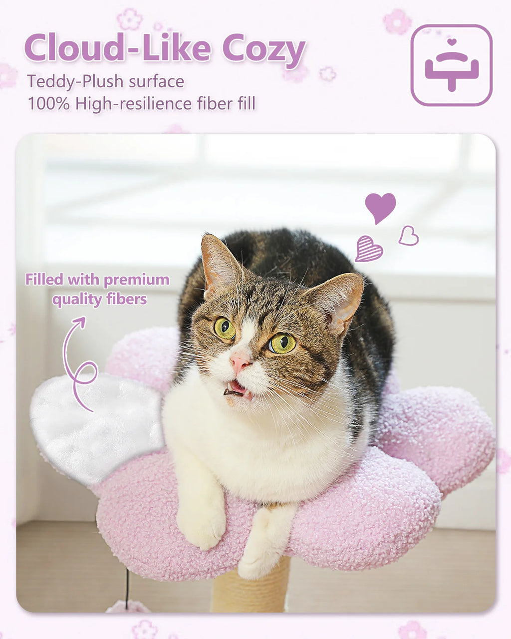 Flower Cat Tree with Sisal Scratching Posts & Large Hammock – Compact Indoor Cat Tower with Soft Top Perch for Kittens