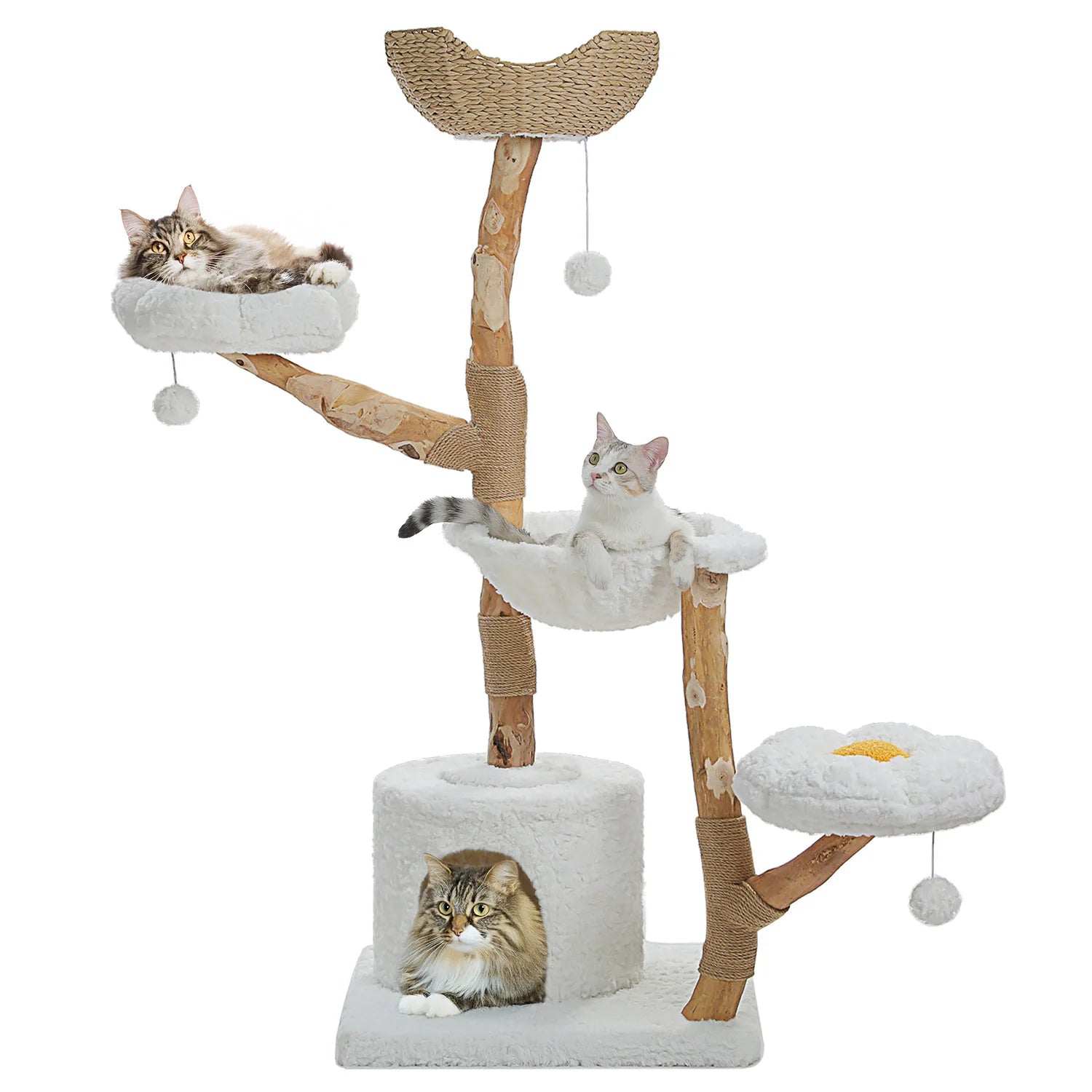 Luxury Multi-Level Flower Cat Tree Tower with Wicker Basket Bed & Solid Wood Scratching Posts