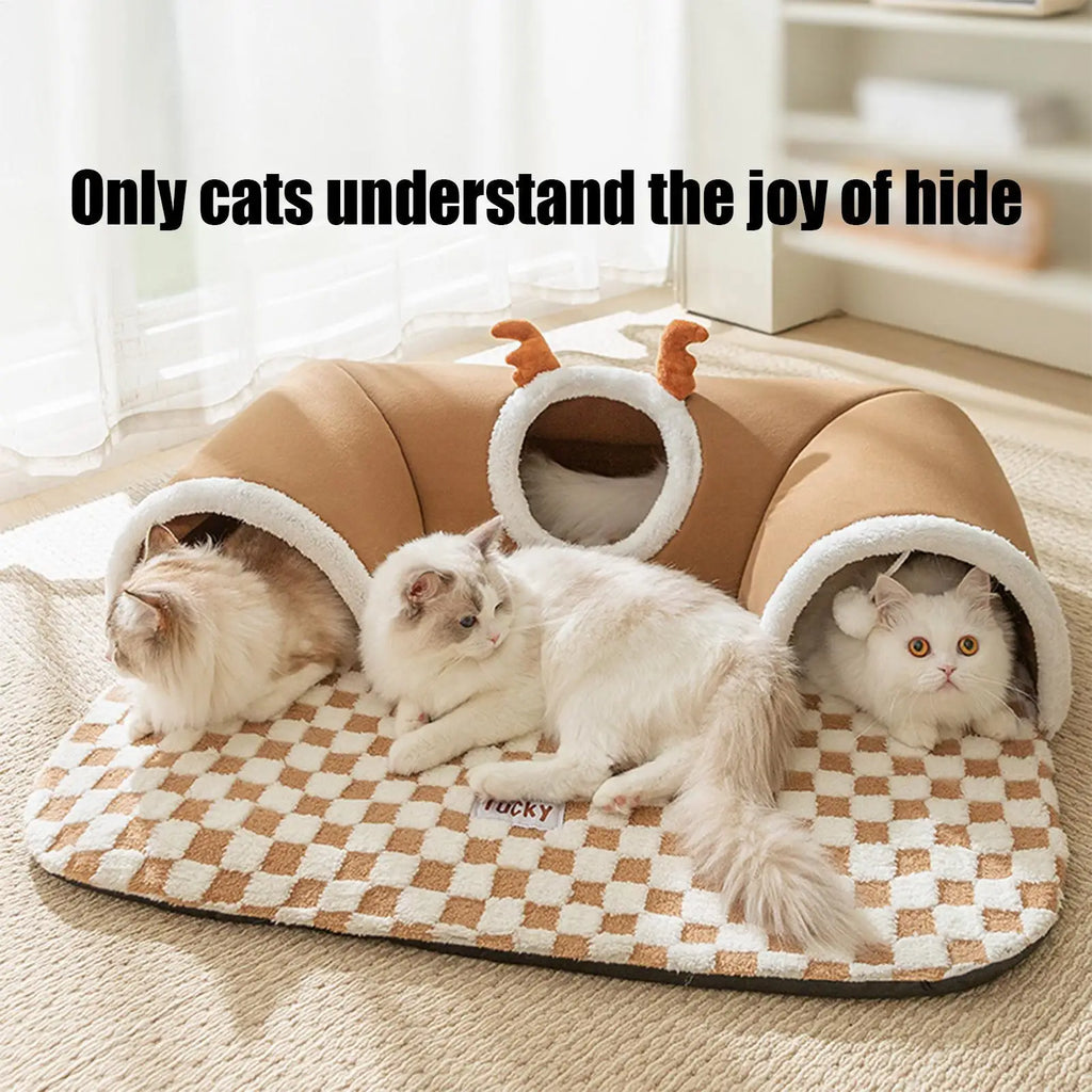 Cozy Cat Tunnel Bed (Corner-Fit) – Warm U-Shaped Hideout w/ Peek Holes & Hanging Balls, Removable Reversible Mat