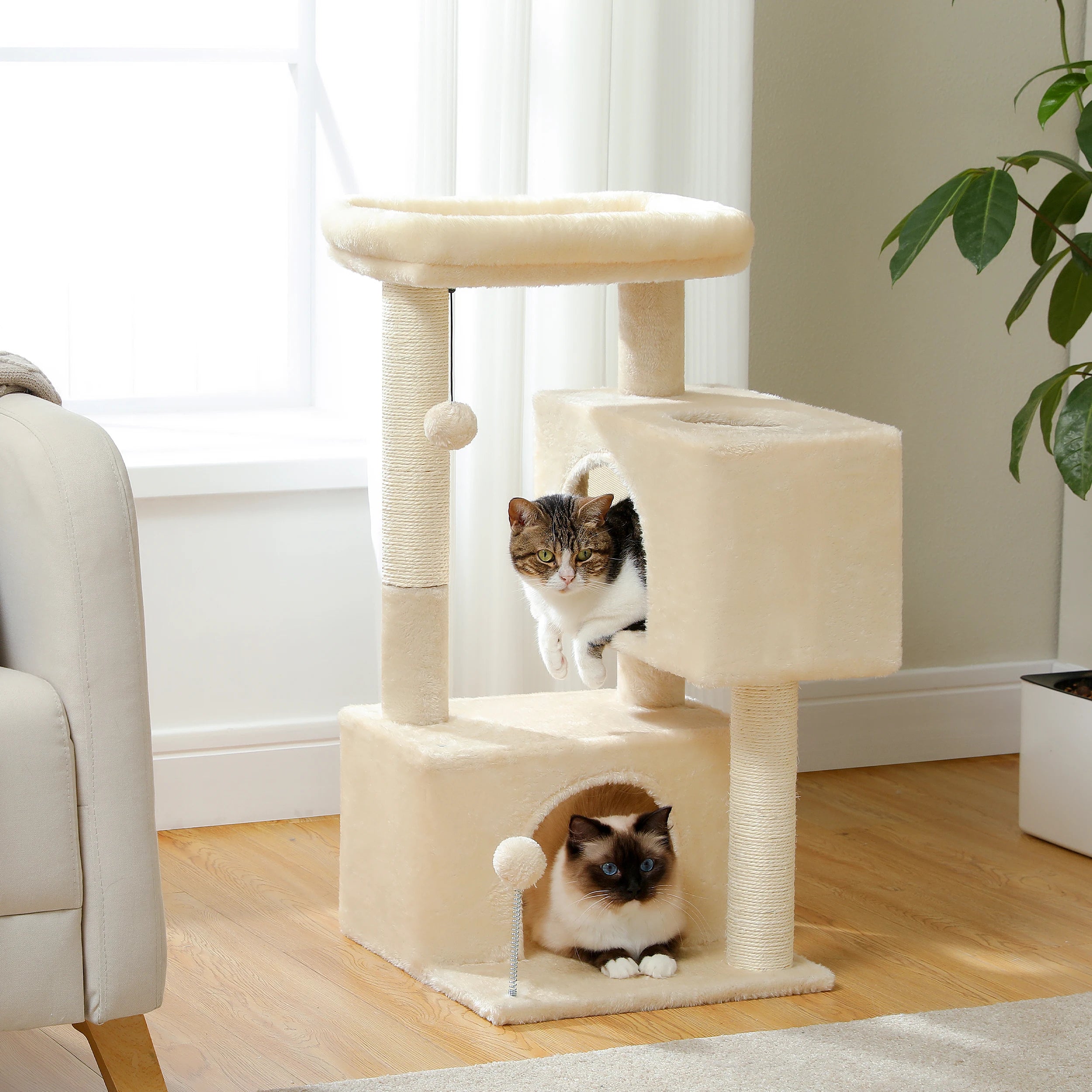 Small Cat Tree Tower with Sisal Scratching Ramp, Condo, Hammock & Top Perch