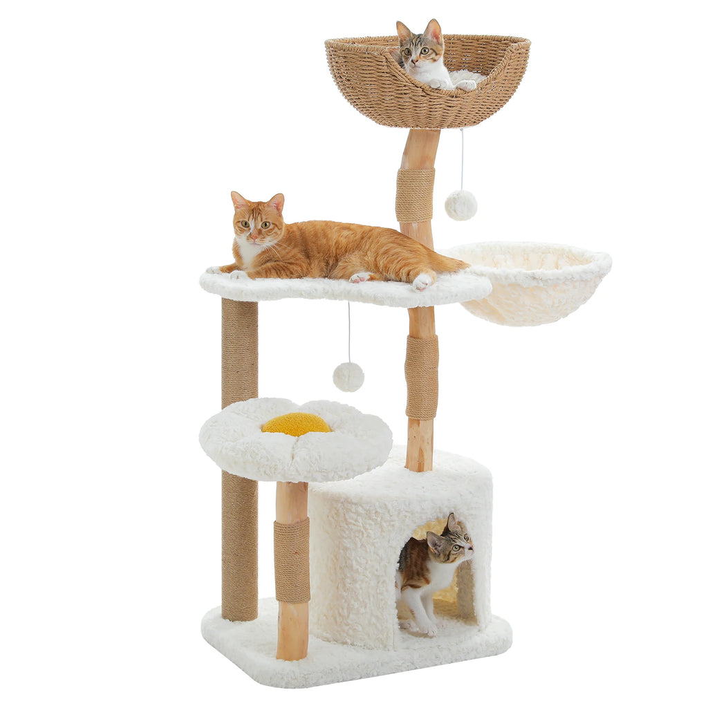 Modern White Cat Tree Tower (Flower Bed + Hammock + Condo) – 123cm