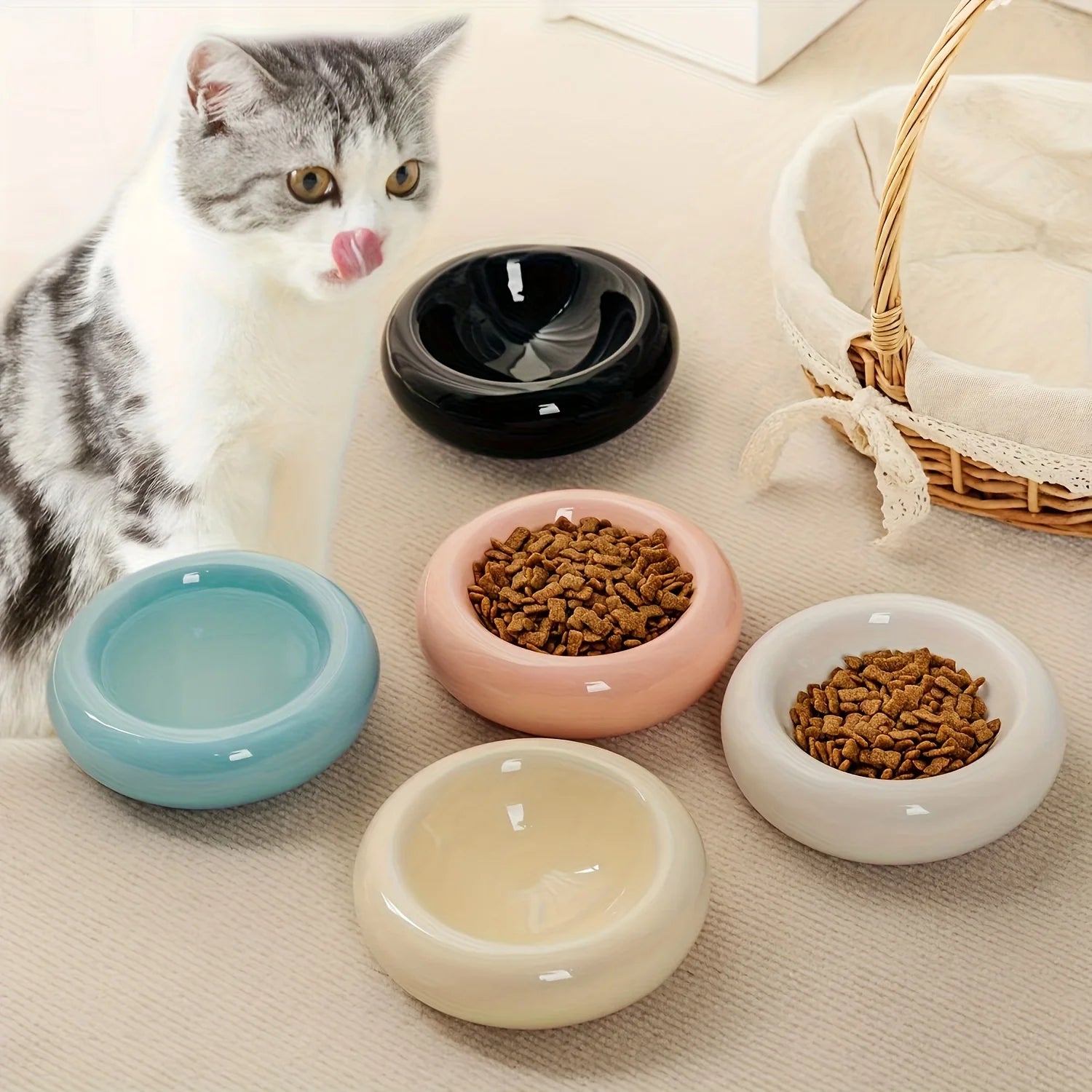 Donut-Shape Ceramic Cat Bowl