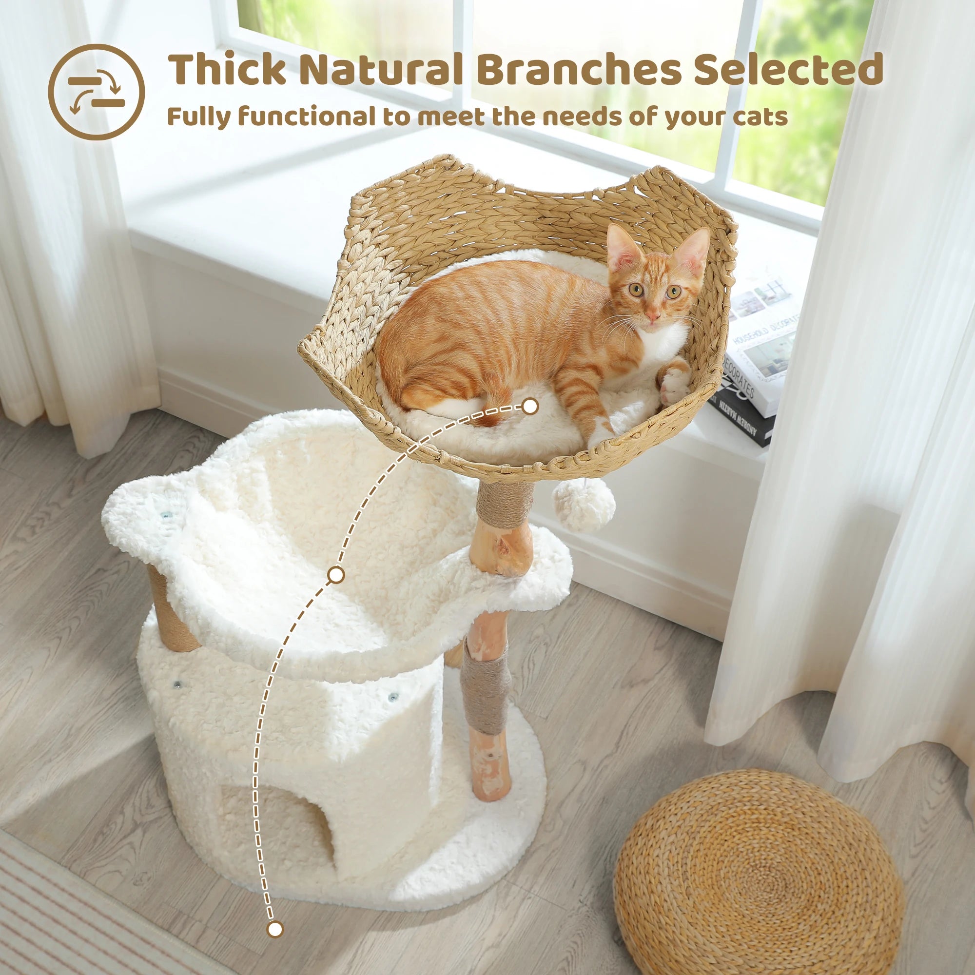 Modern Natural Wood Cat Tree with Wicker Basket & Deep Hammock – Luxury Indoor Cat Tower with Spacious Condo