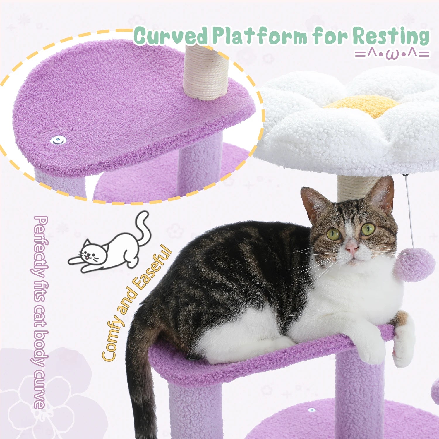 Flower Cat Tree Tower (84cm) – Condo, Sisal Scratching Posts, Plush Perches & Hanging Balls