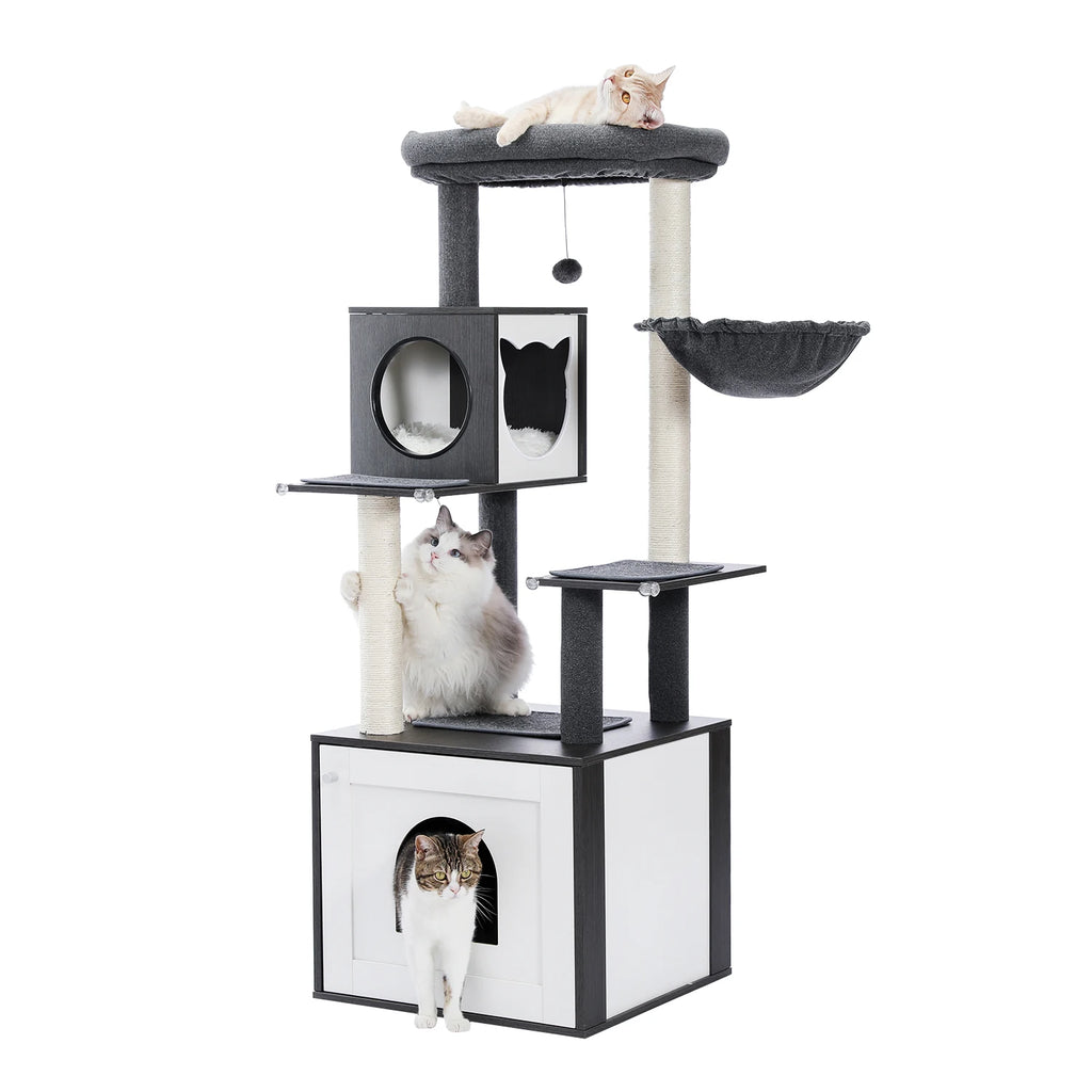 Multi-Level Wooden Cat Tree Tower with Condo, Hammock & Scratching Posts