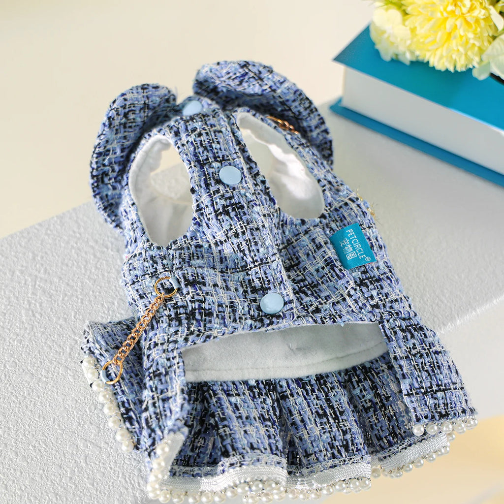Blue Tweed Pet Dress with Mini Backpack