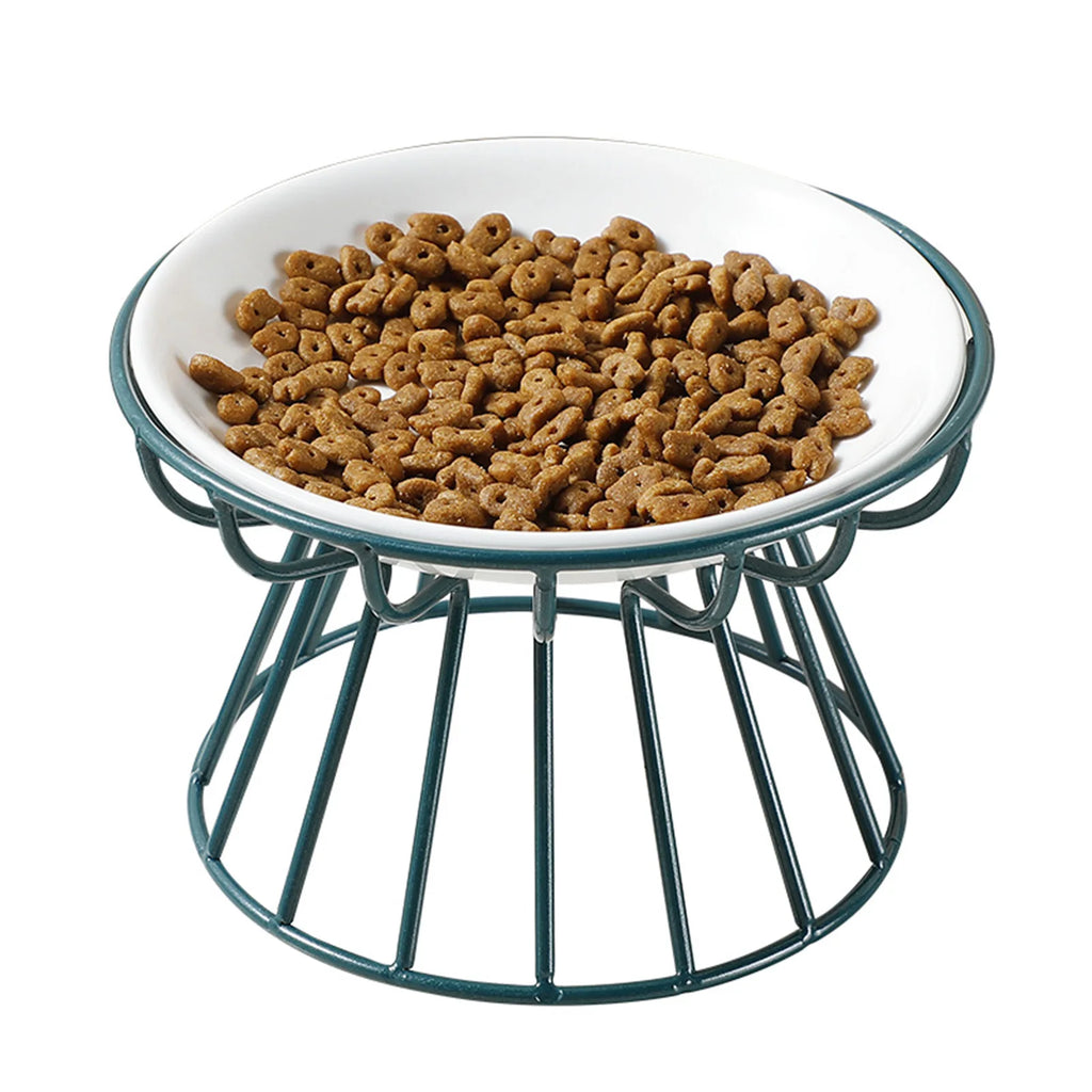 Wide Ceramic Whisker-Friendly Cat Bowl with Iron Stand