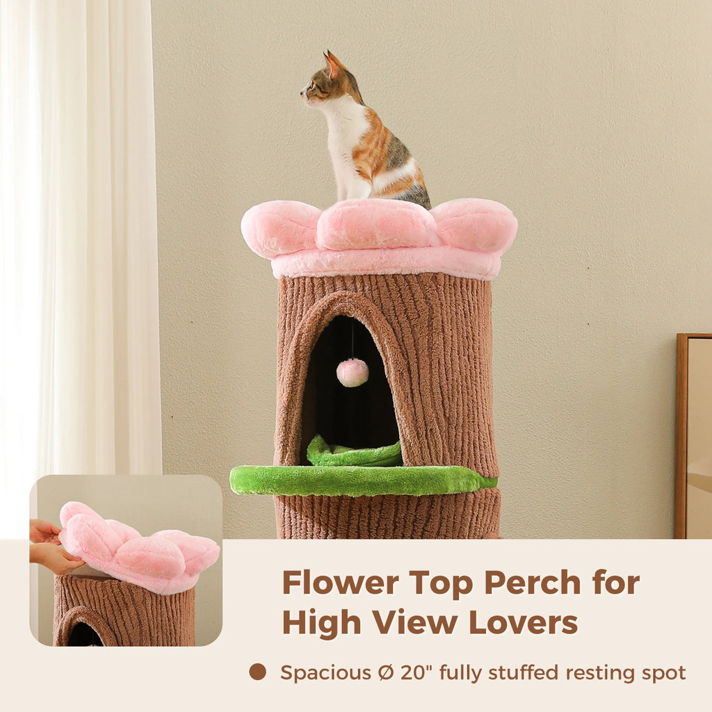 Forest Cat Tree Tower (4 Condos + Flower Top Bed + Thick Scratcher)