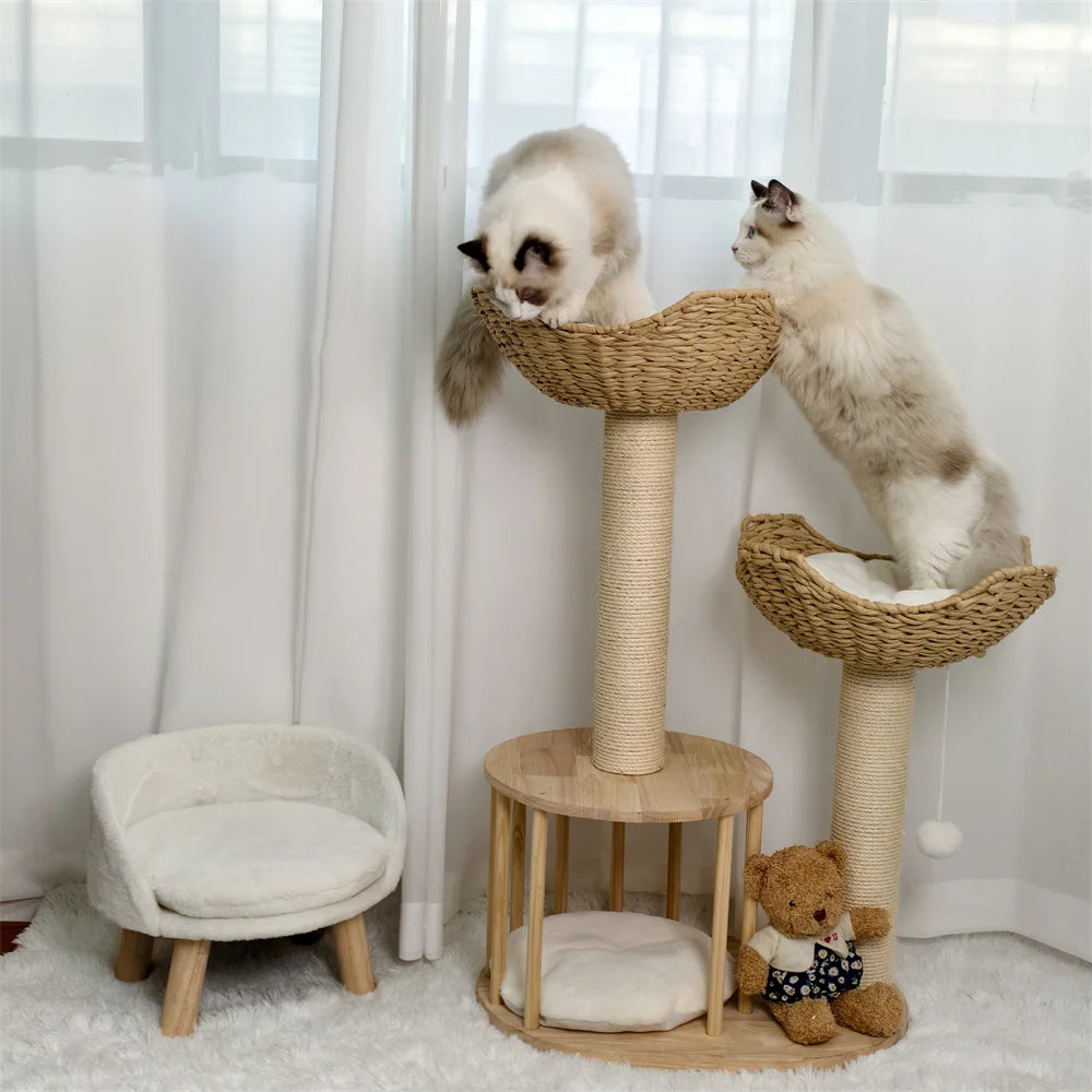 3-Tier Natural Wood Climbing & Rest Tower for Indoor Cats