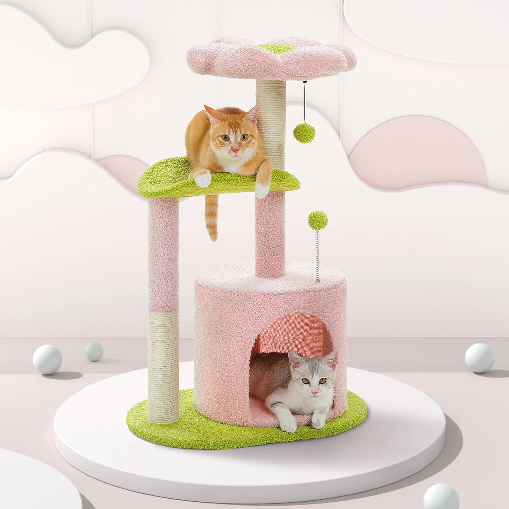 Flower Cat Tree Tower (84cm) – Condo, Sisal Scratching Posts, Plush Perches & Hanging Balls