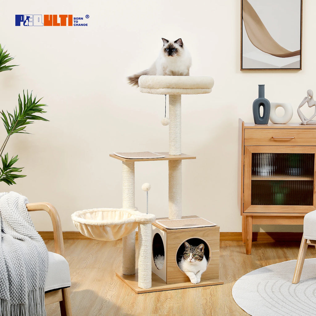 Modern Wooden Cat Tree with Condo, Hammock & Scratching Posts for Indoor Cats