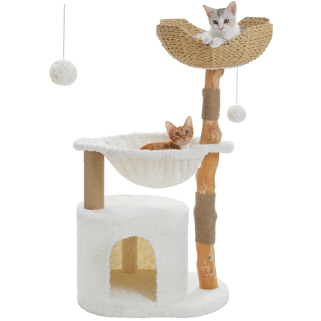 Modern Natural Wood Cat Tree with Wicker Basket & Deep Hammock – Luxury Indoor Cat Tower with Spacious Condo