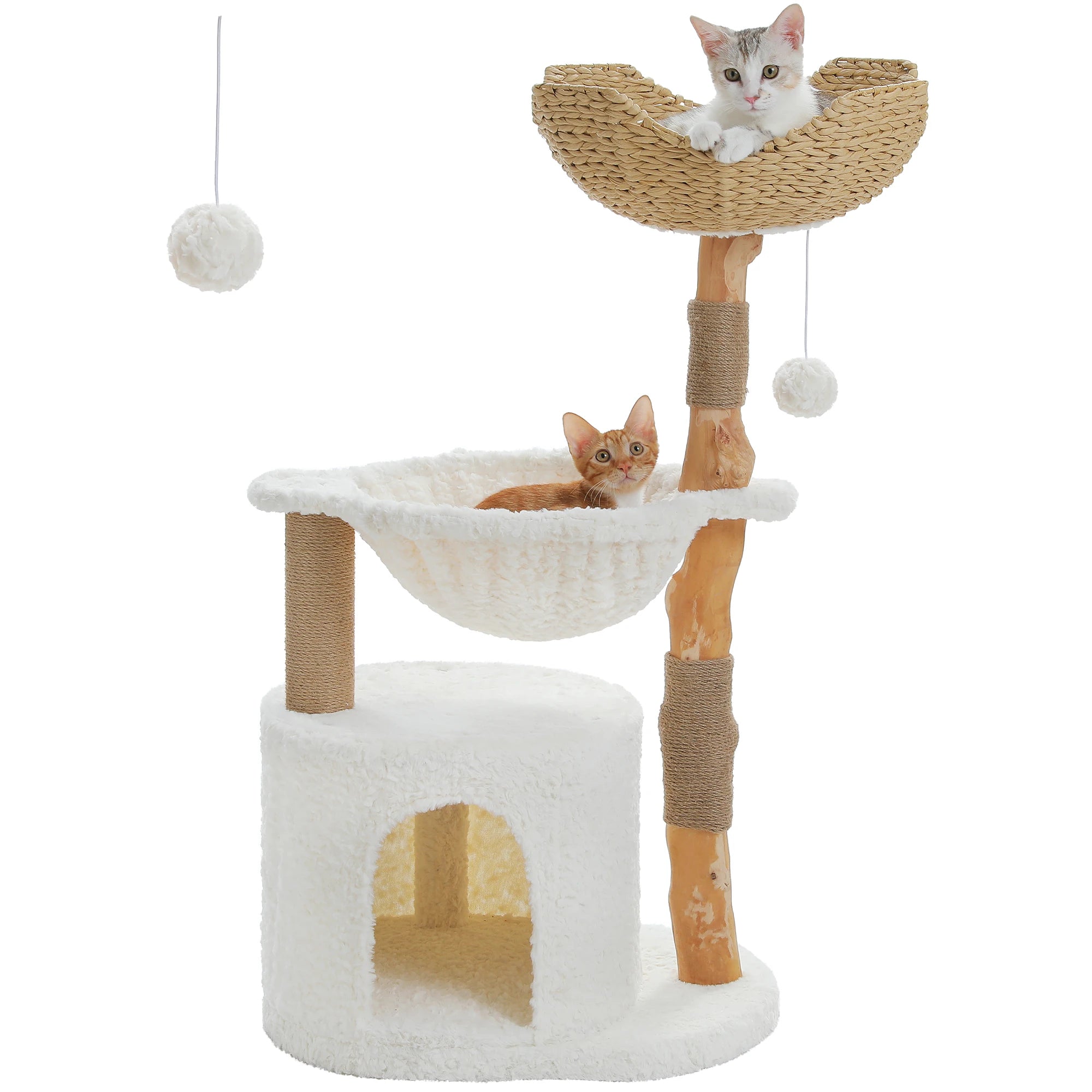 Modern Natural Wood Cat Tree with Wicker Basket & Deep Hammock – Luxury Indoor Cat Tower with Spacious Condo