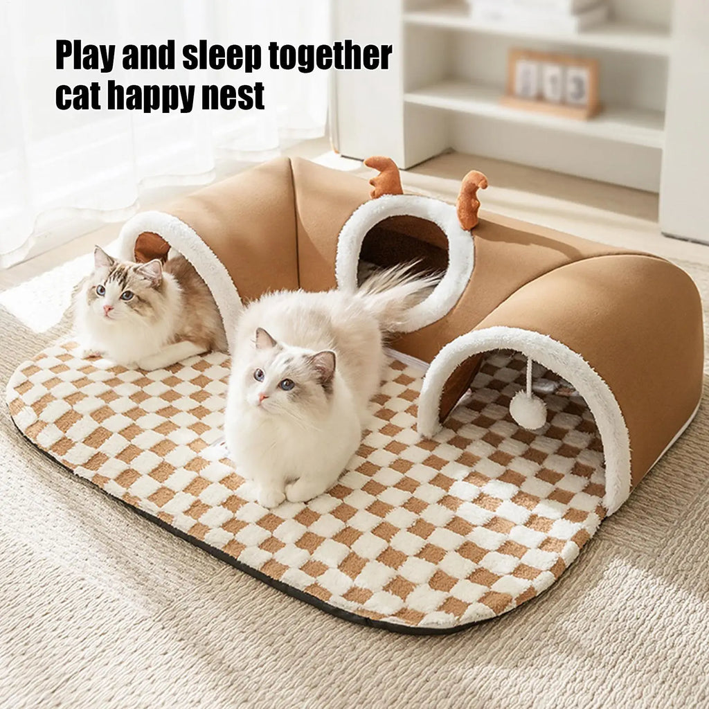 Cozy Cat Tunnel Bed (Corner-Fit) – Warm U-Shaped Hideout w/ Peek Holes & Hanging Balls, Removable Reversible Mat