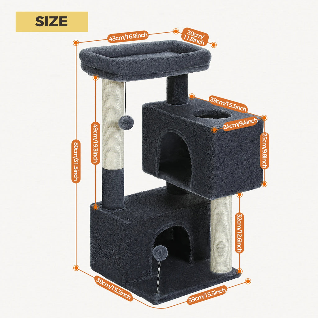 Small Cat Tree Tower with Sisal Scratching Ramp, Condo, Hammock & Top Perch