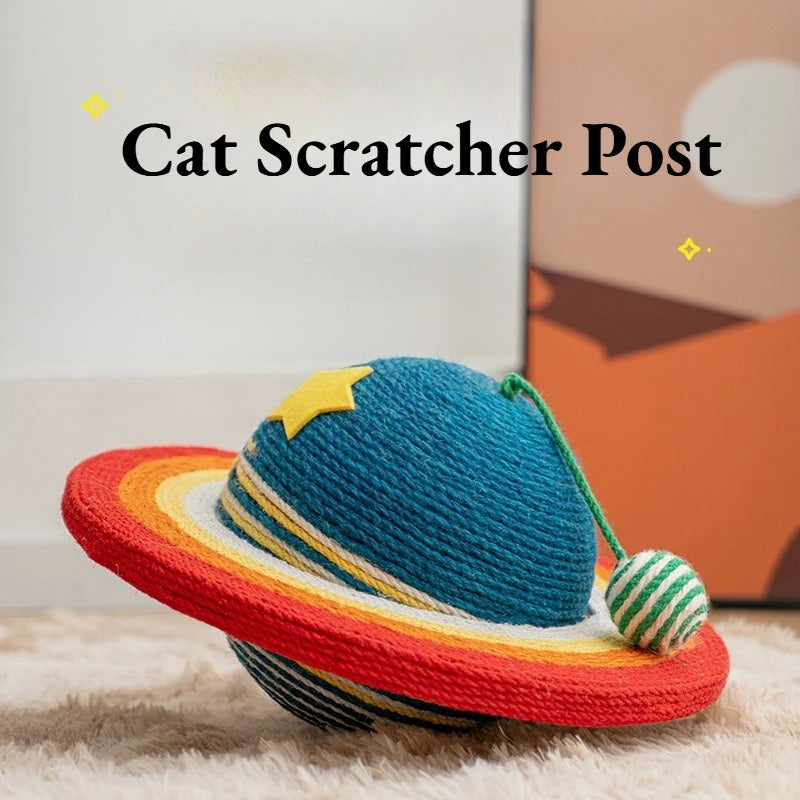 Starry Sky Planet Cat Scratcher – Natural Sisal Scratch Post with Play Ball, Indoor Cat Scratch Pad