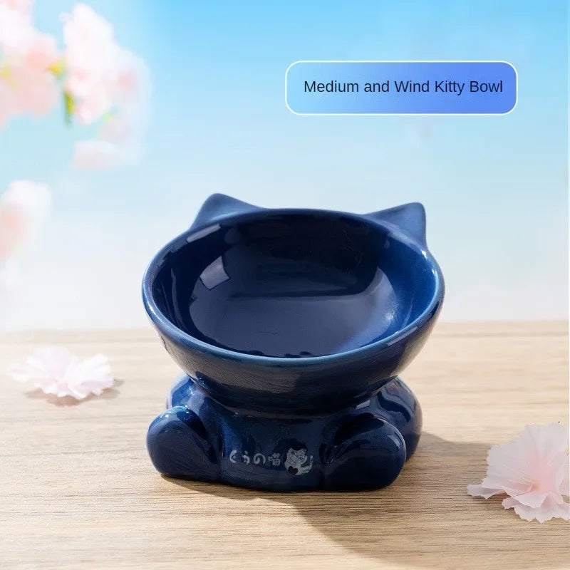 Japanese-Style Elevated Ceramic Double Cat Bowl