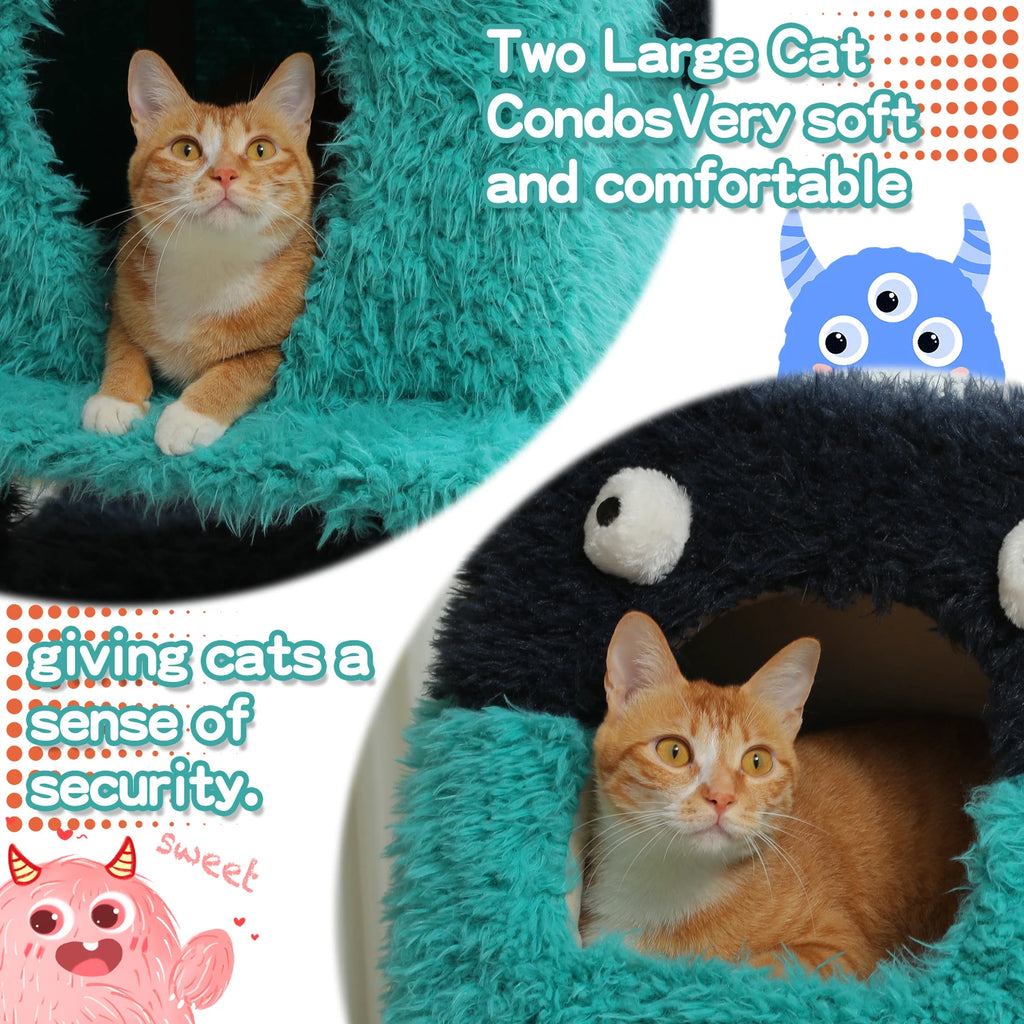 Monster Cozy Cat Tree Tower (2 Condo Hideouts + Scratching Posts, 4 Levels)