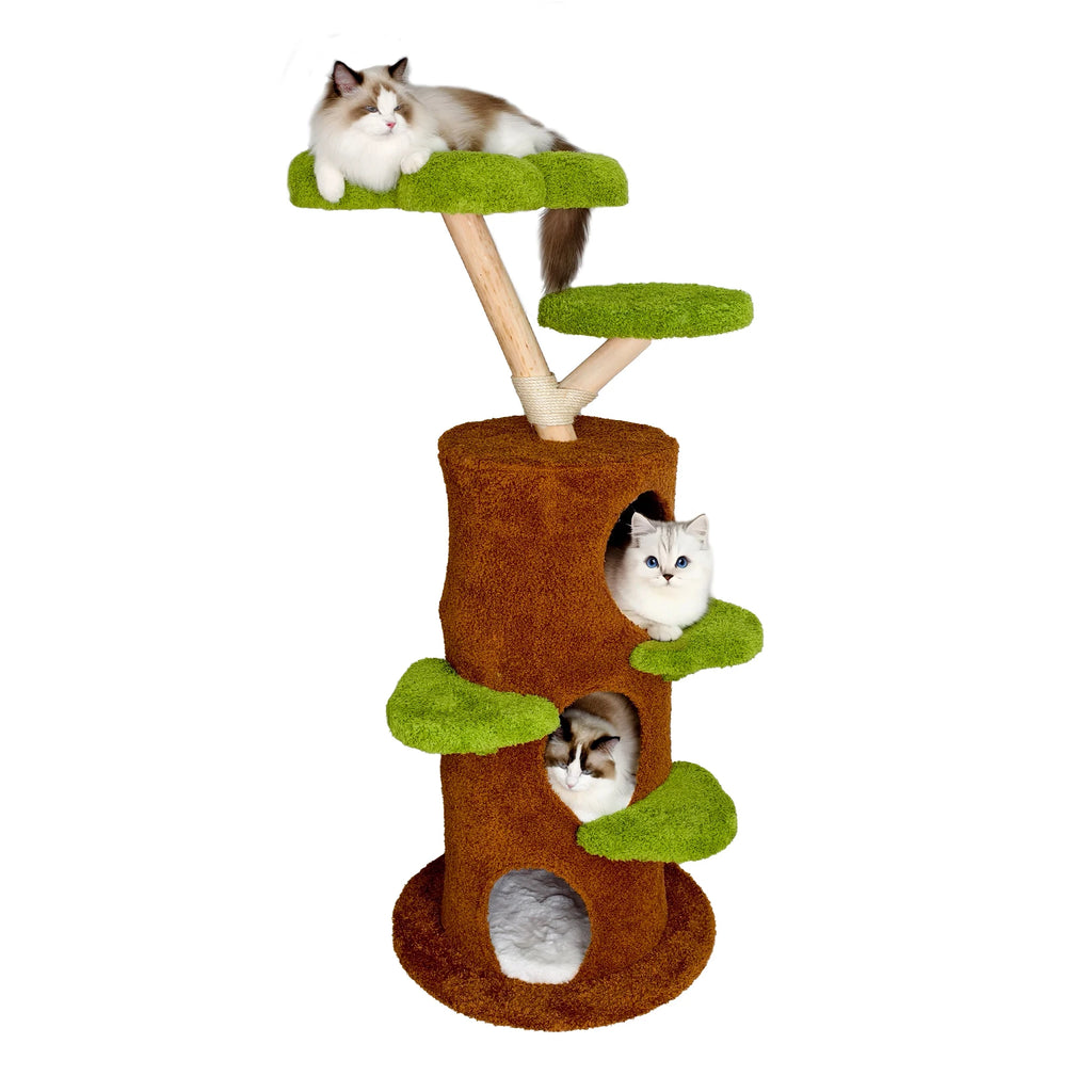 BINGOPAW 58” Tall Cat Activity Tree (Flower Platforms + Plush Condo + Sisal Scratcher)