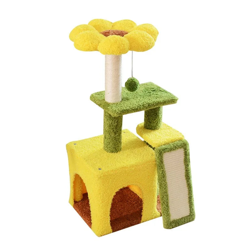 Sunflower Cat Tree Tower – Plush Velvet Cat Condo, Cozy Nest, Scratch Post & Flower Perch