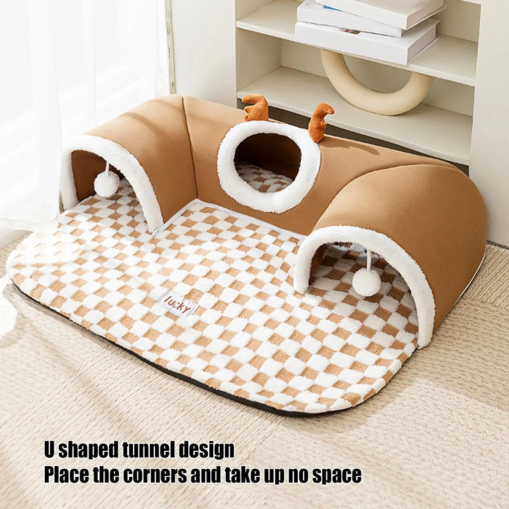 Cozy Cat Tunnel Bed (Corner-Fit) – Warm U-Shaped Hideout w/ Peek Holes & Hanging Balls, Removable Reversible Mat