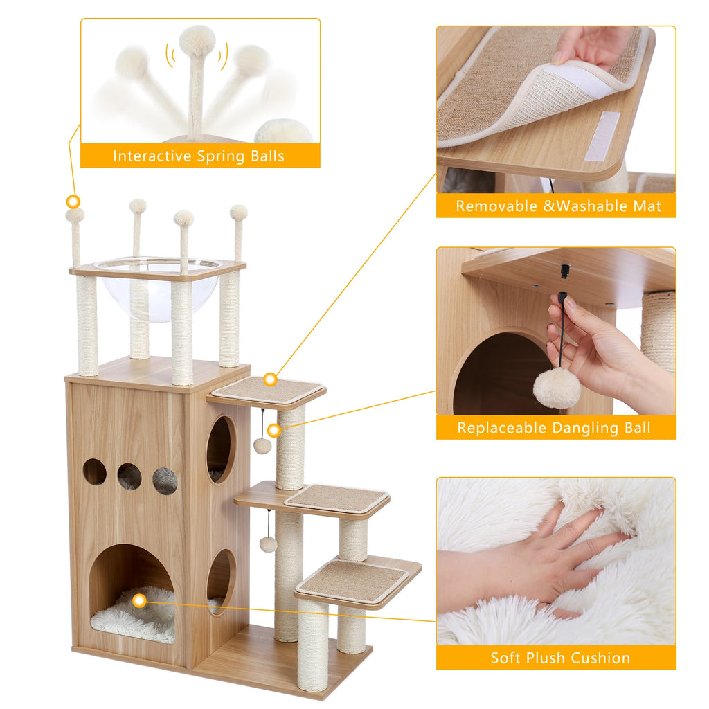 Modern Wood Cat Castle Tree (5+ Levels, Large Condos + Clear Bowl Perch)