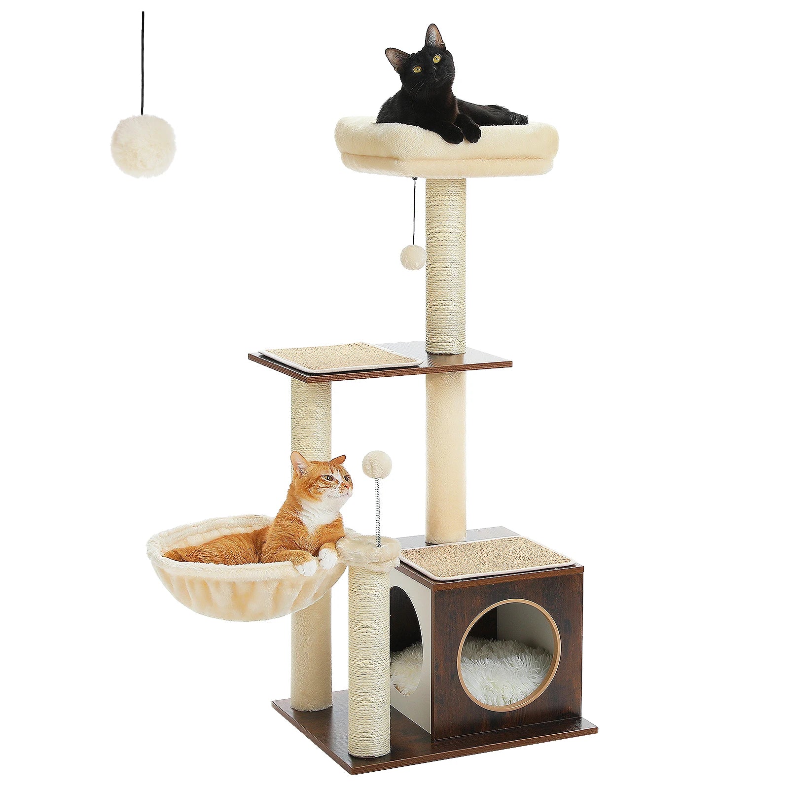 Modern Wooden Cat Tree with Condo, Hammock & Scratching Posts for Indoor Cats
