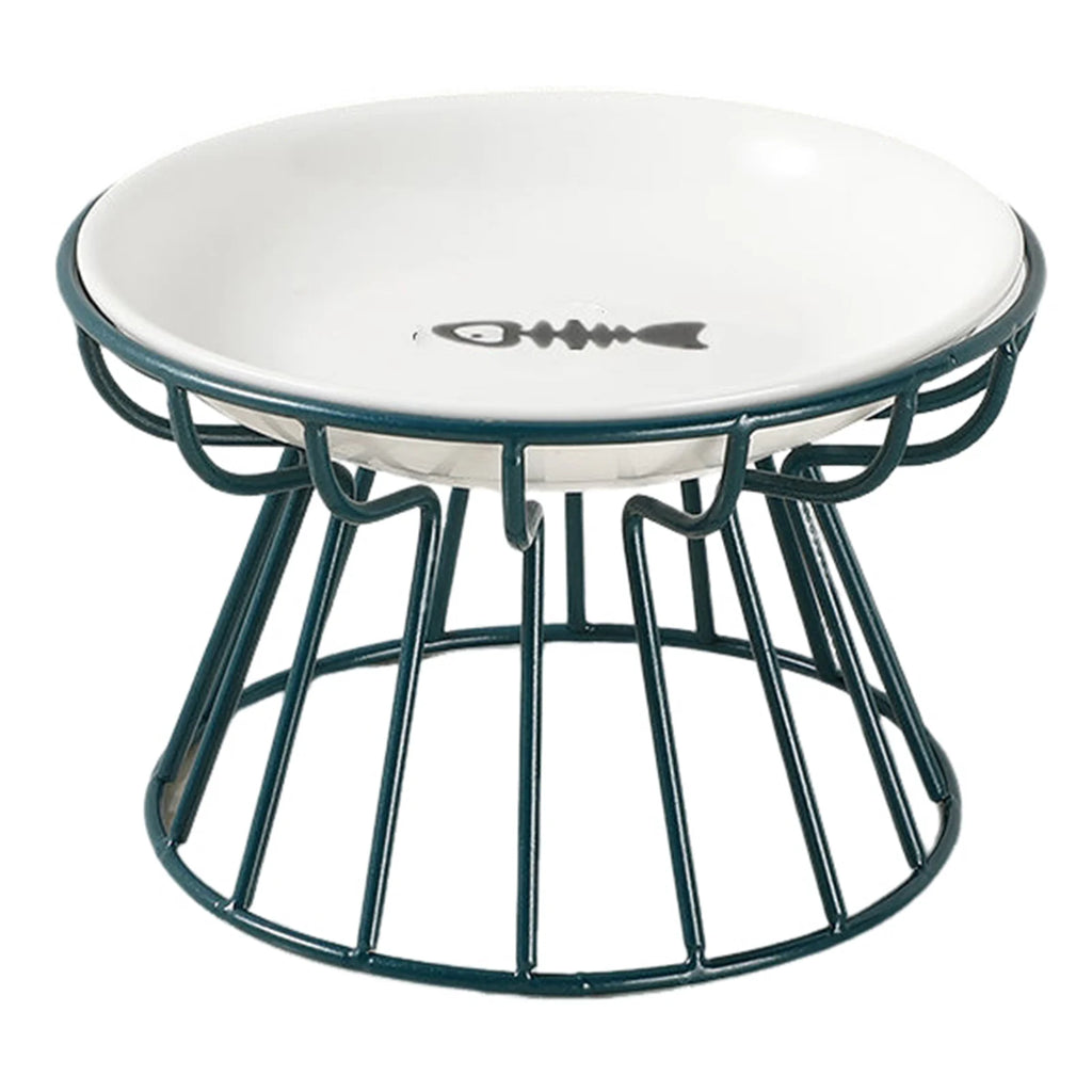 Wide Ceramic Whisker-Friendly Cat Bowl with Iron Stand