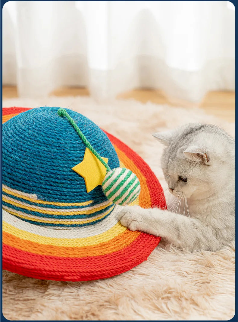 Starry Sky Planet Cat Scratcher – Natural Sisal Scratch Post with Play Ball, Indoor Cat Scratch Pad