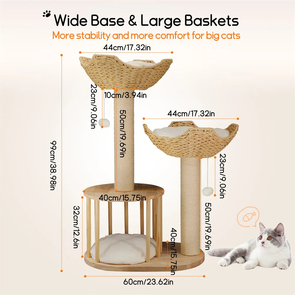 3-Tier Natural Wood Climbing & Rest Tower for Indoor Cats
