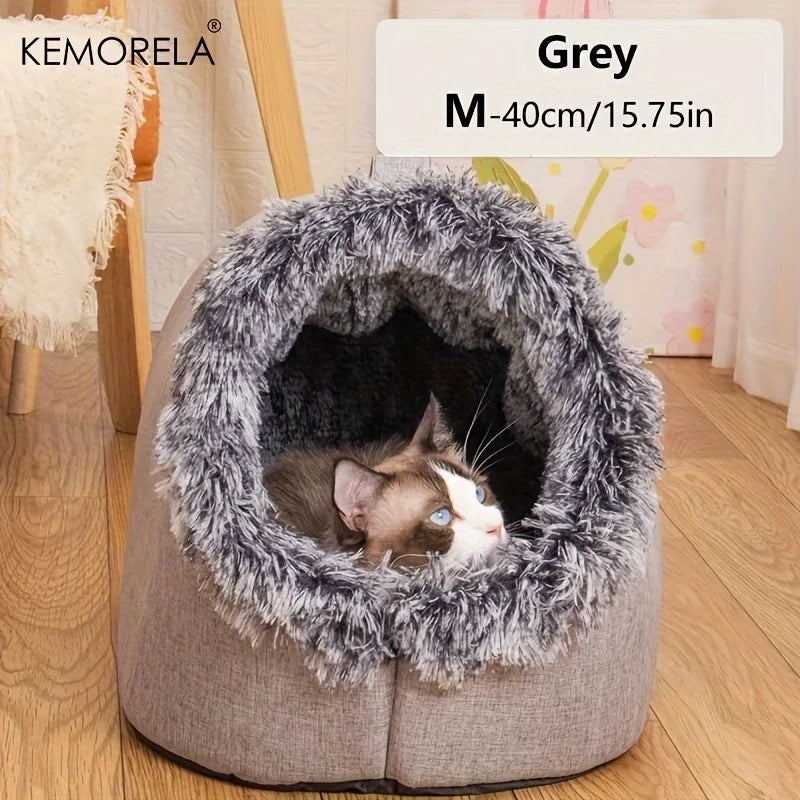 KEMORELA Winter Cat Bed – Self-Warming Cozy Cave House for Indoor Cats & Small Pets, Soft Plush Kennel Hut with Non-Slip Base