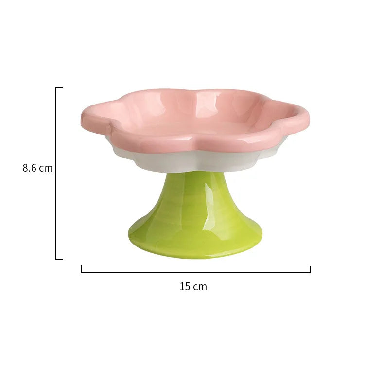 Ceramic Flower Raised Cat Bowl with Stand