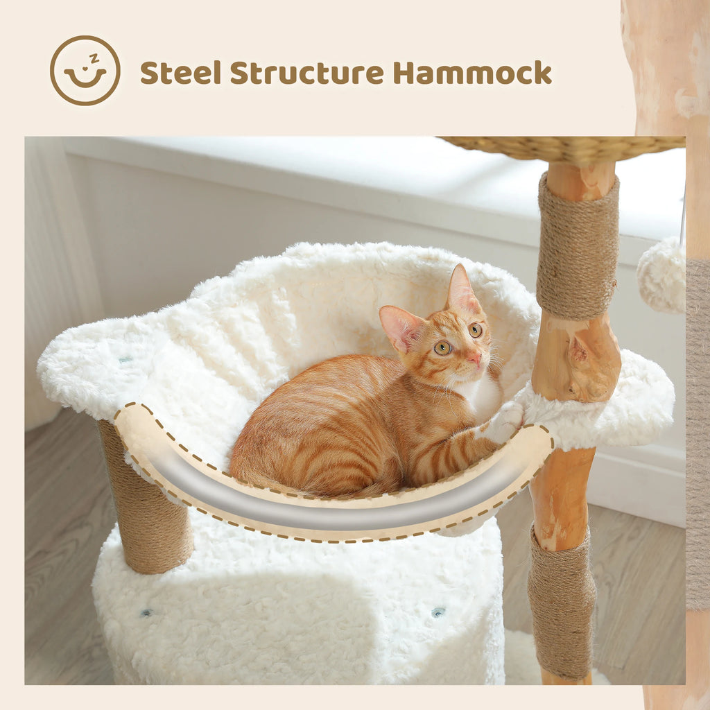 Modern Natural Wood Cat Tree with Wicker Basket & Deep Hammock – Luxury Indoor Cat Tower with Spacious Condo
